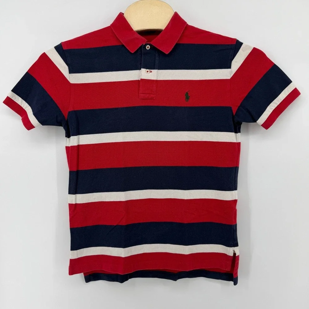 Polo Ralph Lauren Polo Shirt Mens M Red Navy Blue Striped Short Sleeve Pique